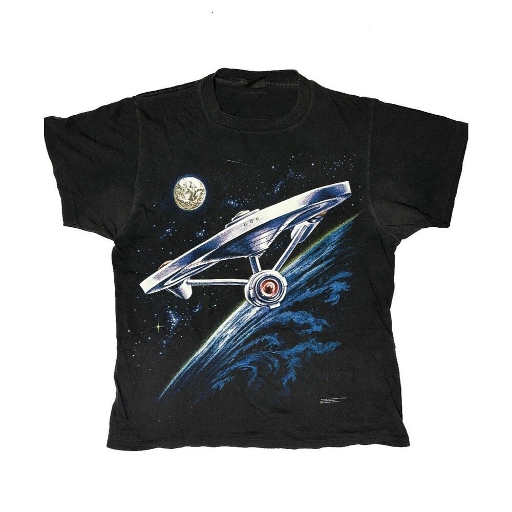 Vtg 1991 Star Trek Shirt Enterprise Double Sided All Over Print AOP TOS L *FLAWS